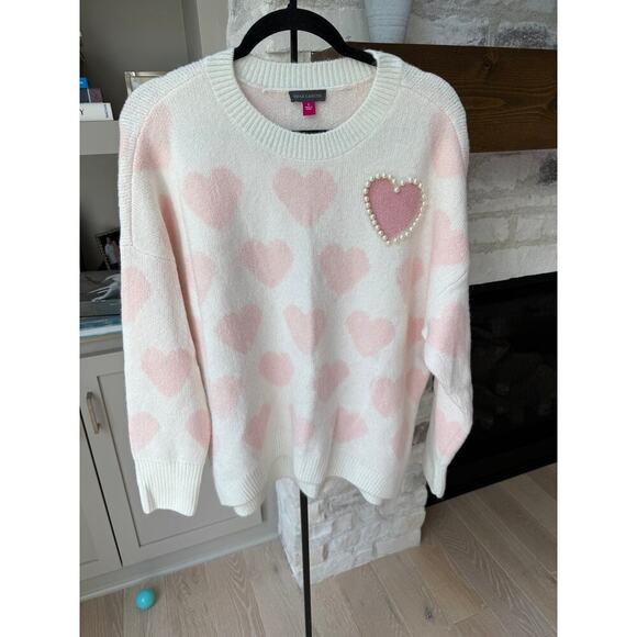 Vince Camuto Pink Heart Pearl Crewneck Sweater Size L - Picture 4 of 7